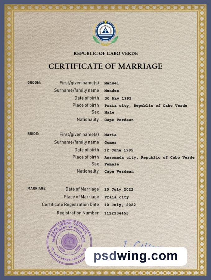 Cabo Verde Marriage Certificate PSD Template
